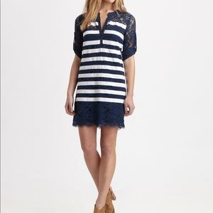 BCBGMAXAZARIA blue and white striped lace dress